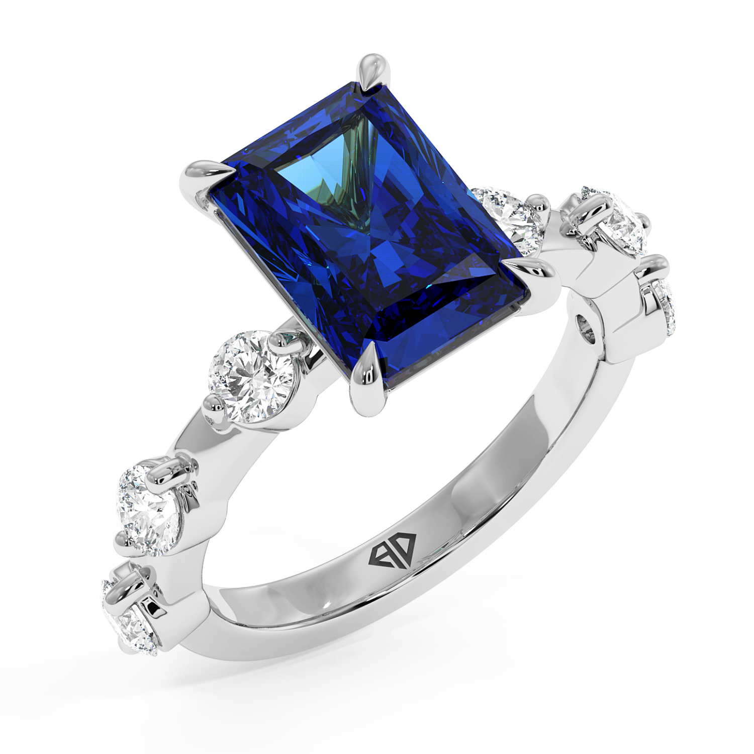 18K White Gold Emerald Cut Sapphire Gemstone Engagement Ring