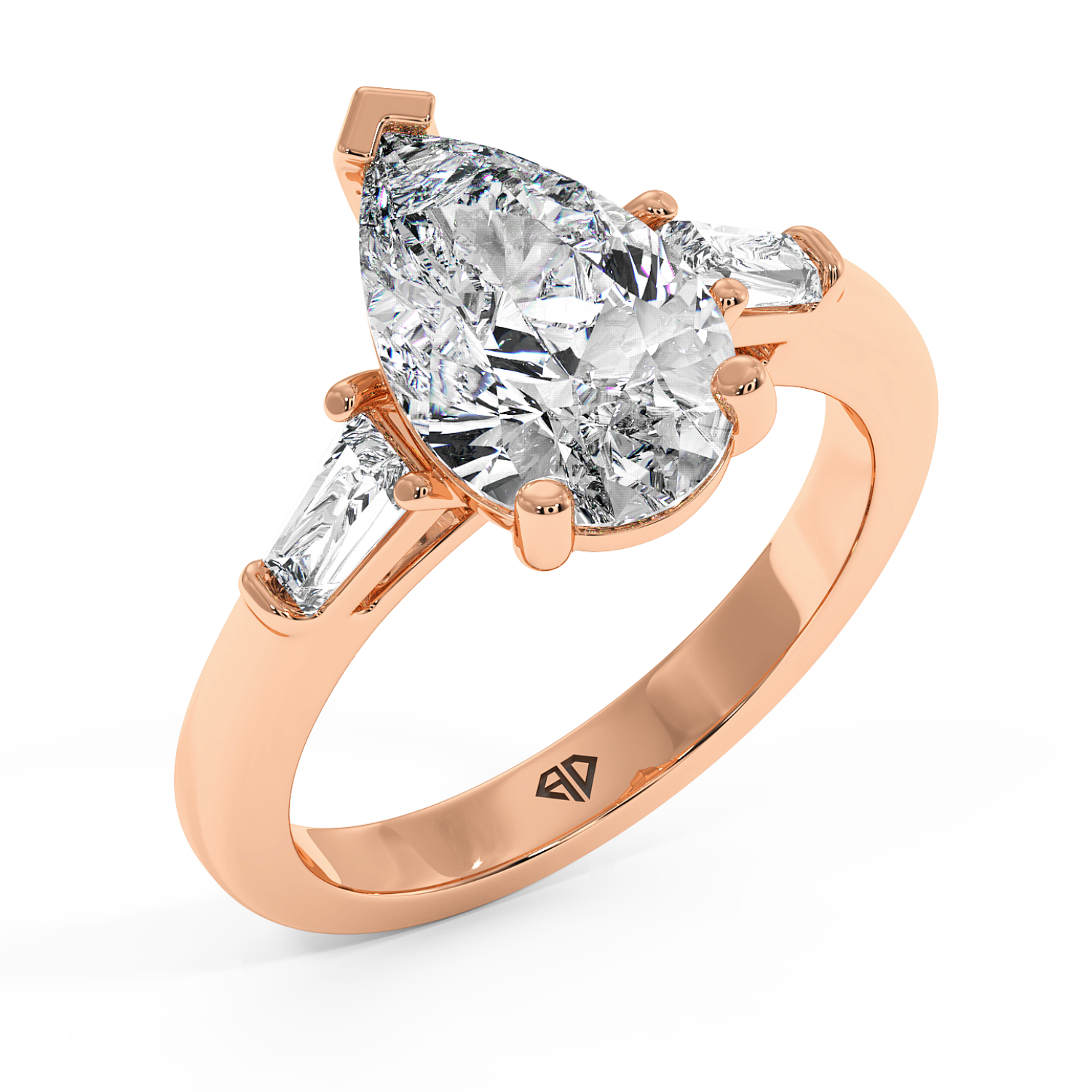 18K Rose Gold Pear Cut Diamond Trilogy Engagement Ring