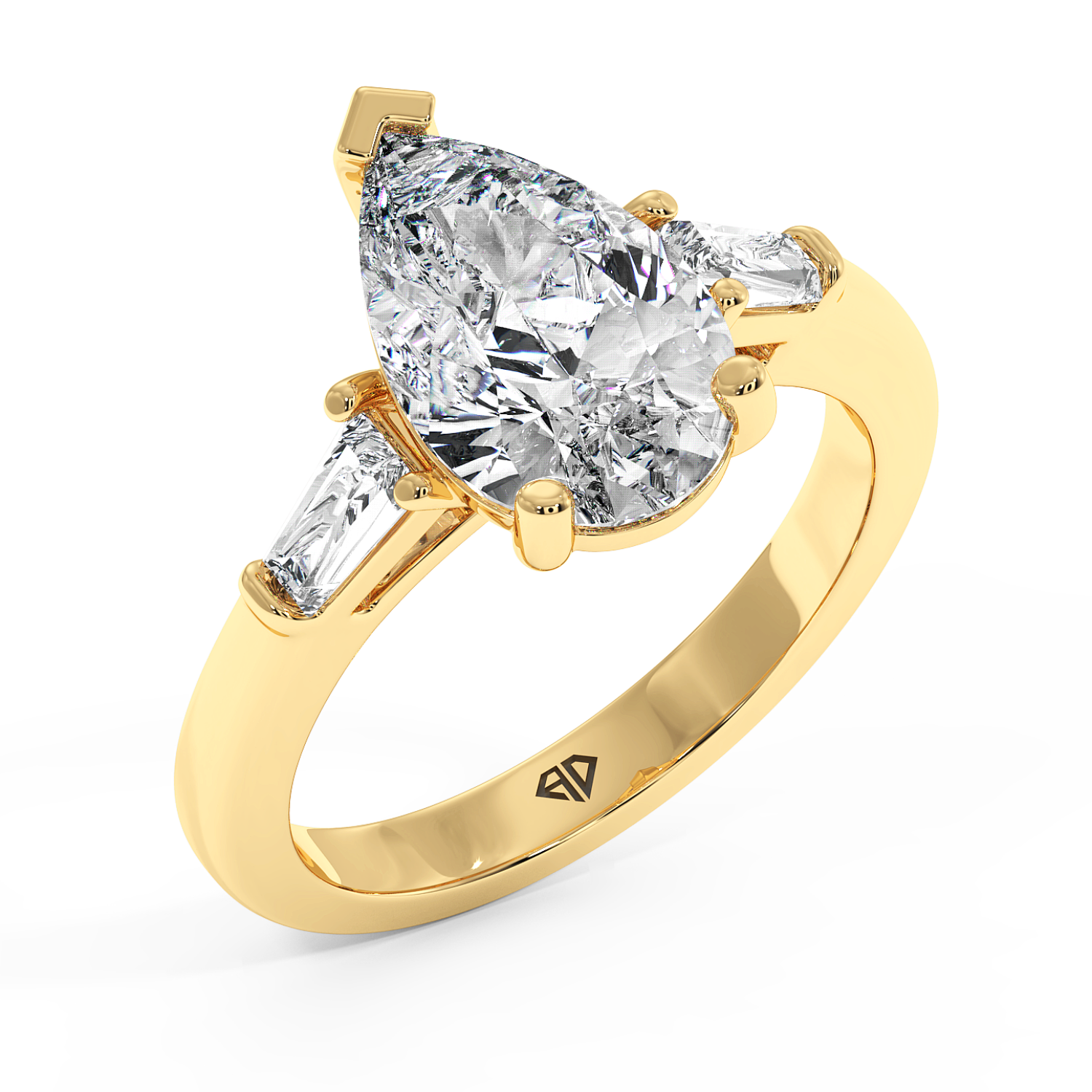 18K Yellow Gold Pear Cut Diamond Trilogy Engagement Ring