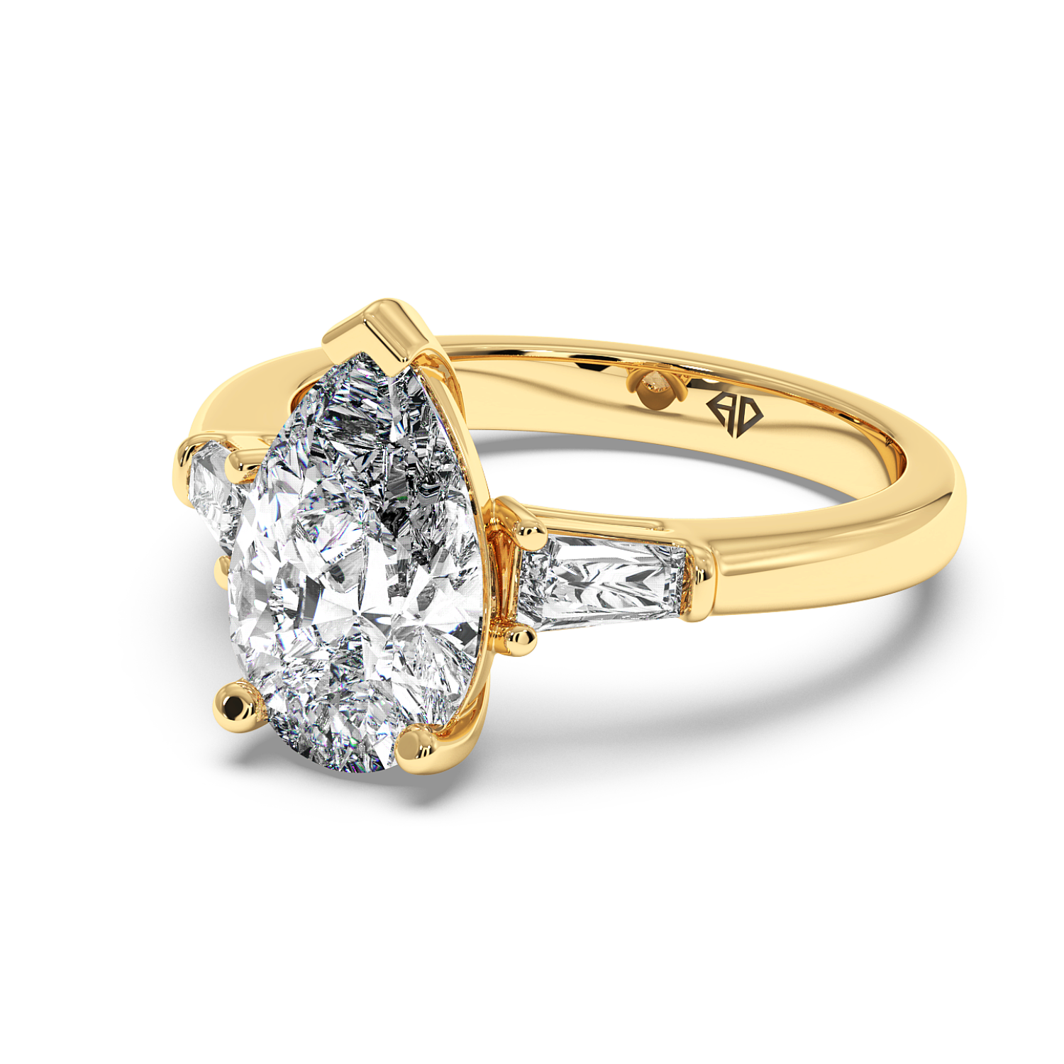 18K Yellow Gold Pear Cut Diamond Trilogy Engagement Ring