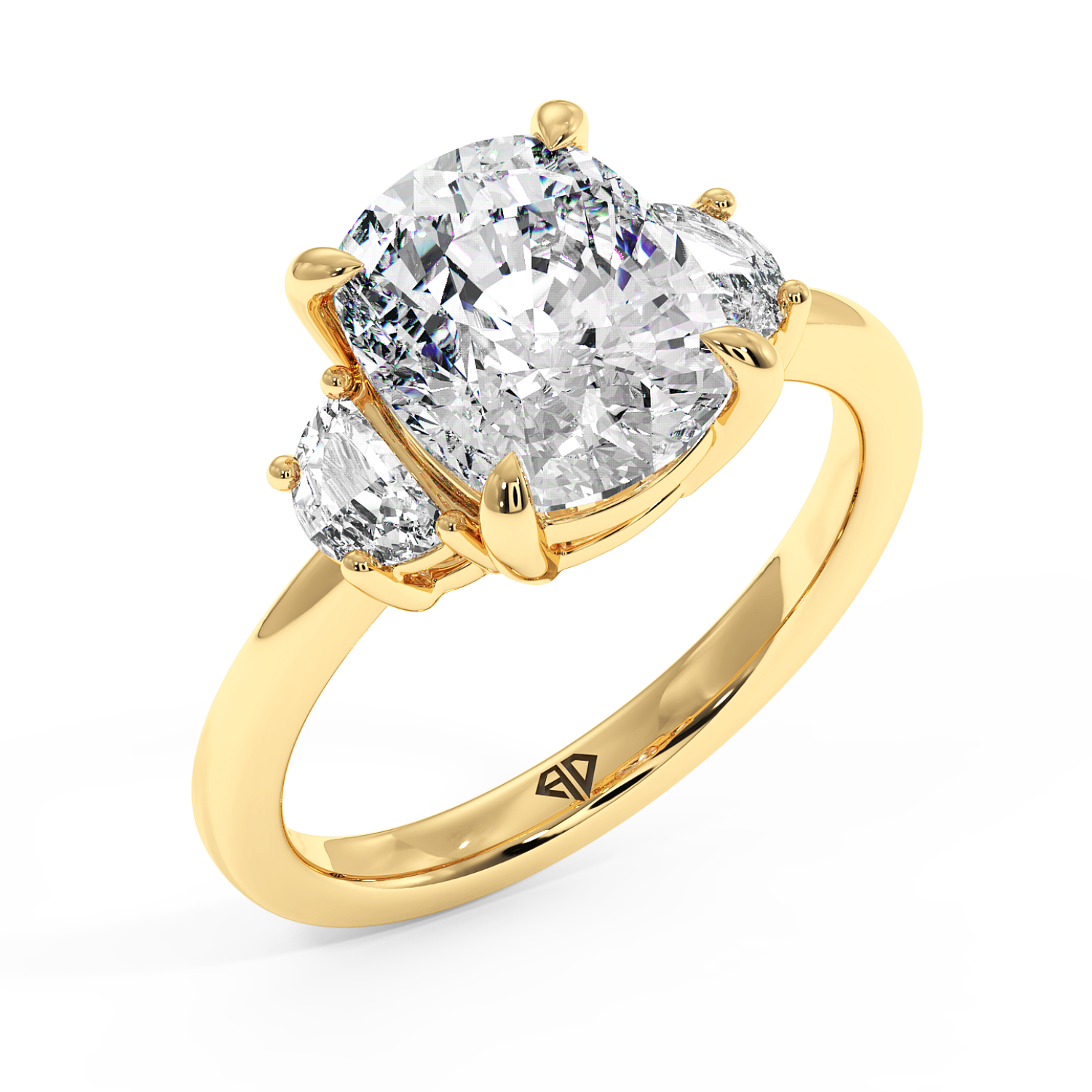 18K Yellow Gold Cushion Cut Three Stone Engagement Ring