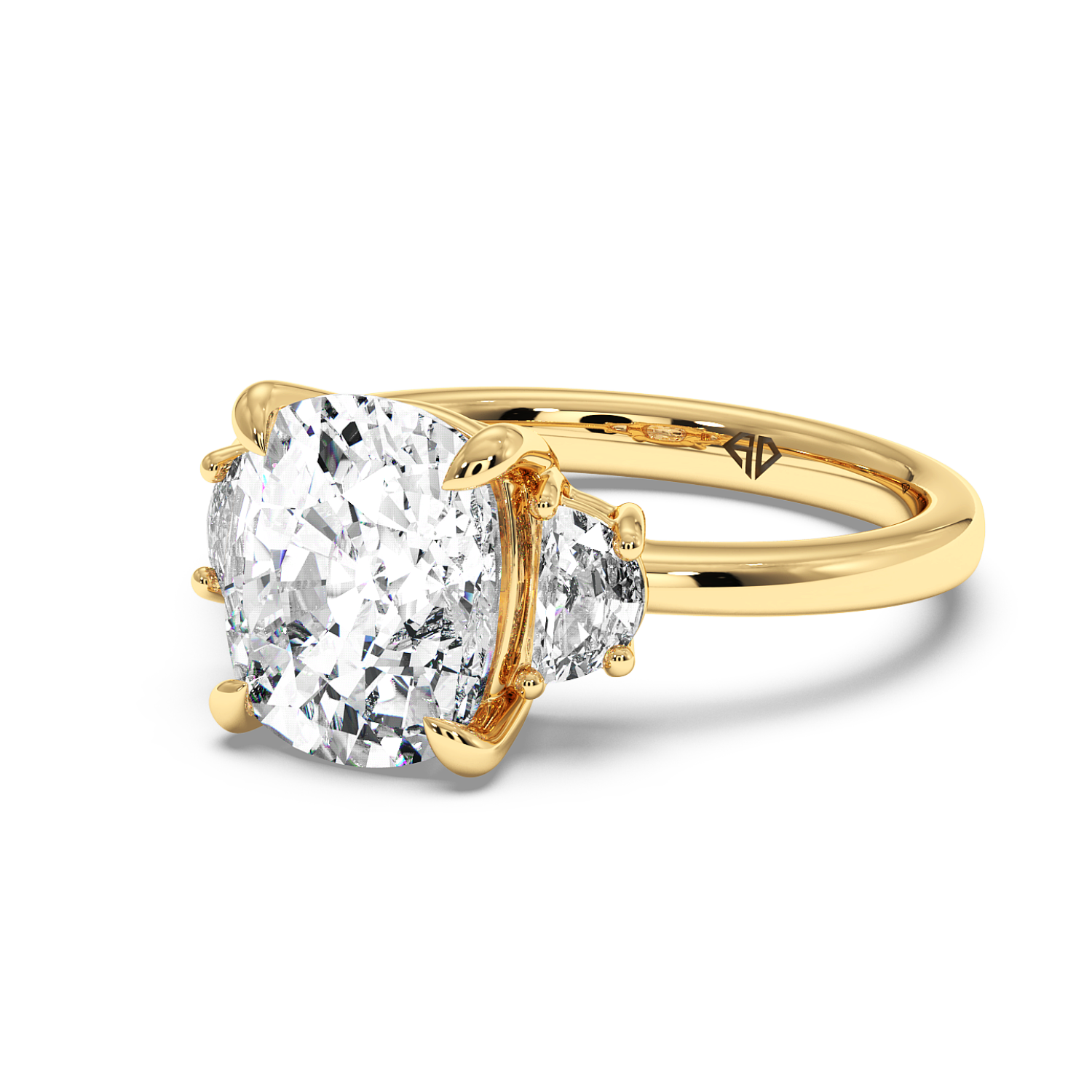 18K Yellow Gold Cushion Cut Three Stone Engagement Ring