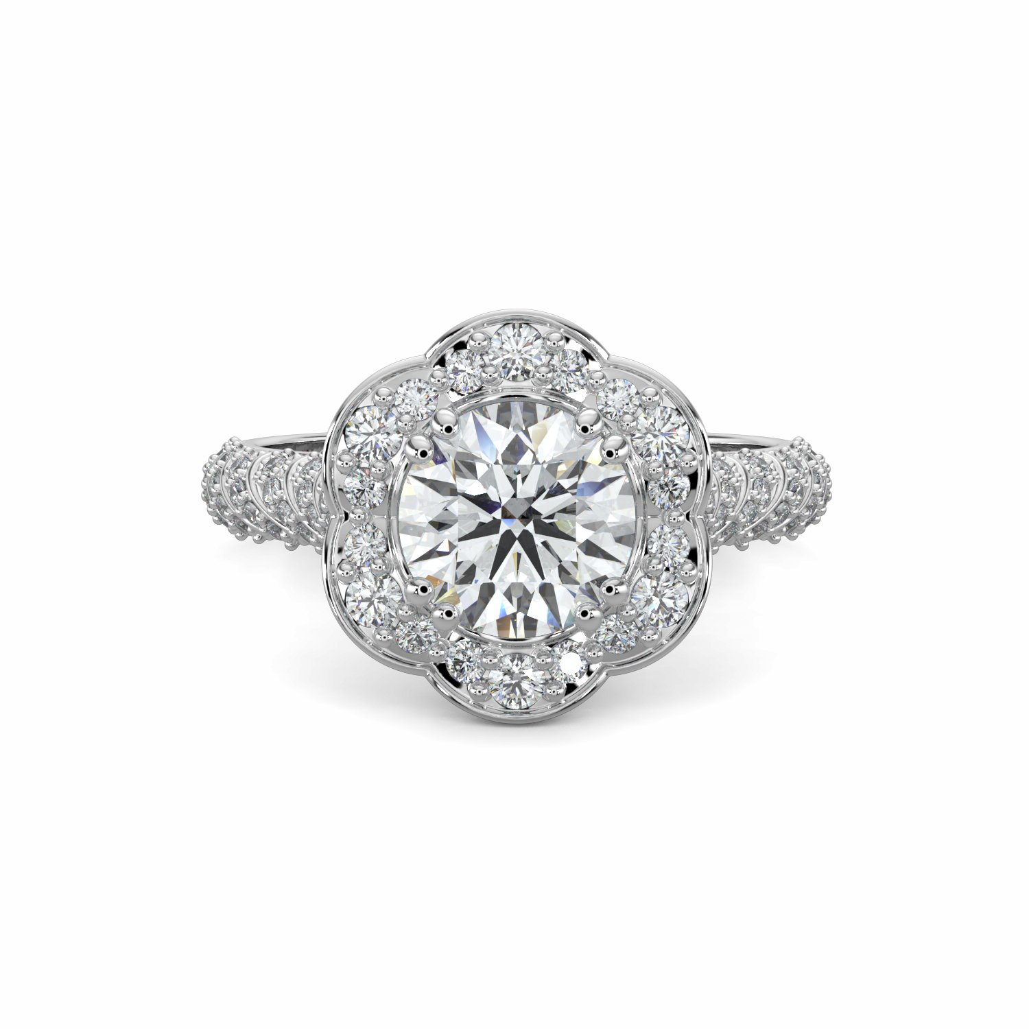 18K White Gold Clover Halo Engagement Ring